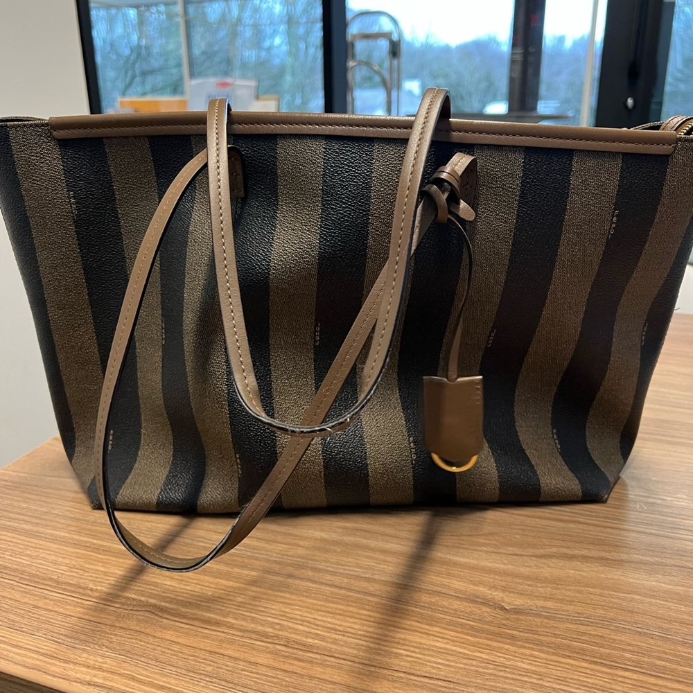 Used condition, 100% Authentic Fendi Pequin Stripe Tote Bag Large. No box.